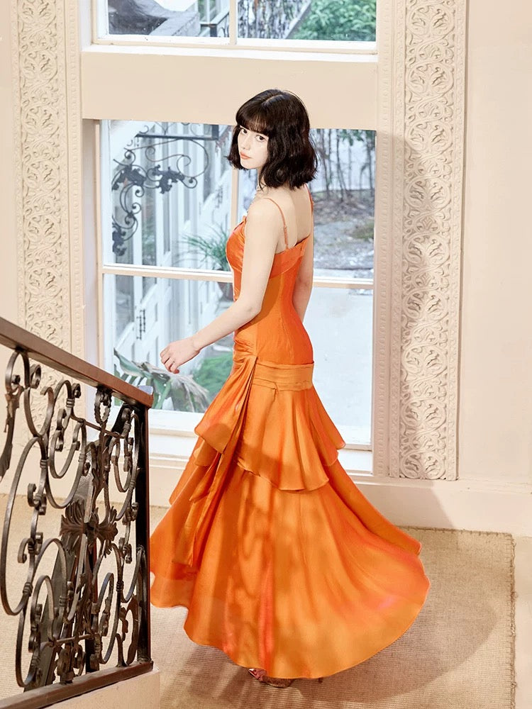 Modest Mermaid Spaghetti Straps Organge Ankle Length Evening Dress Prom Dresses SD2812