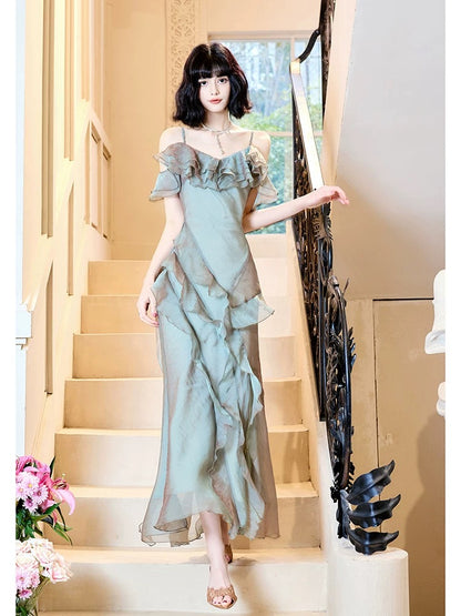 Modest Mermaid Spaghetti Straps Ruffles Long Evening Dress Prom Dresses SD2814