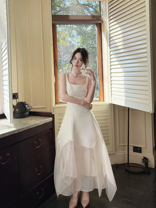 Pretty A Line Square Neckline White Ankle Length Evening Dress Prom Dresses SD2815