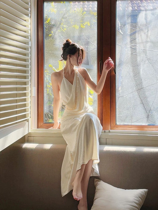 Modest Mermaid Halter Ruffles Long Evening Dress White Prom Dresses SD2816