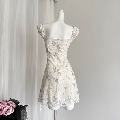 Cute A line Sweetheart Cap Sleeves Blue Floral Dress Short Holiday Dresses SD281