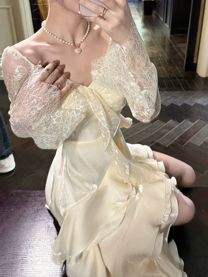 Sexy High Low V Neckline White Lace Ruffles Long Evening Dress Lace Prom Dresses SD2822