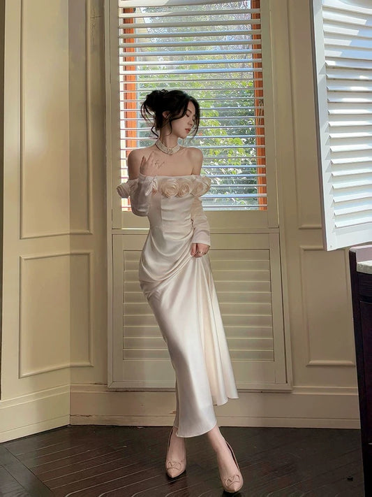 Sexy Mermaid Off The Shoulder Flowers Satin Long Evening Dress Prom Dresses SD2826
