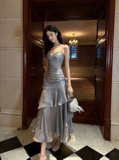 Retro Mermaid Spaghetti Straps Gray Long Length Evening Dress Prom Dresses SD2827