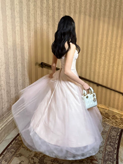 Pretty A Line Spaghetti Straps Tulle Pink Ankle Length Evening Dress Prom Dresses SD2835