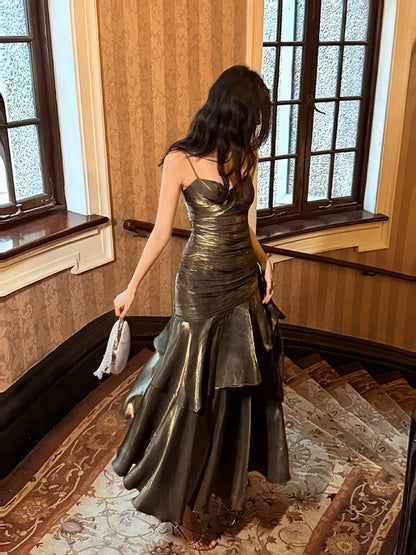 Retro Mermaid Spaghetti Straps Long Length Evening Dress Prom Dresses SD2836