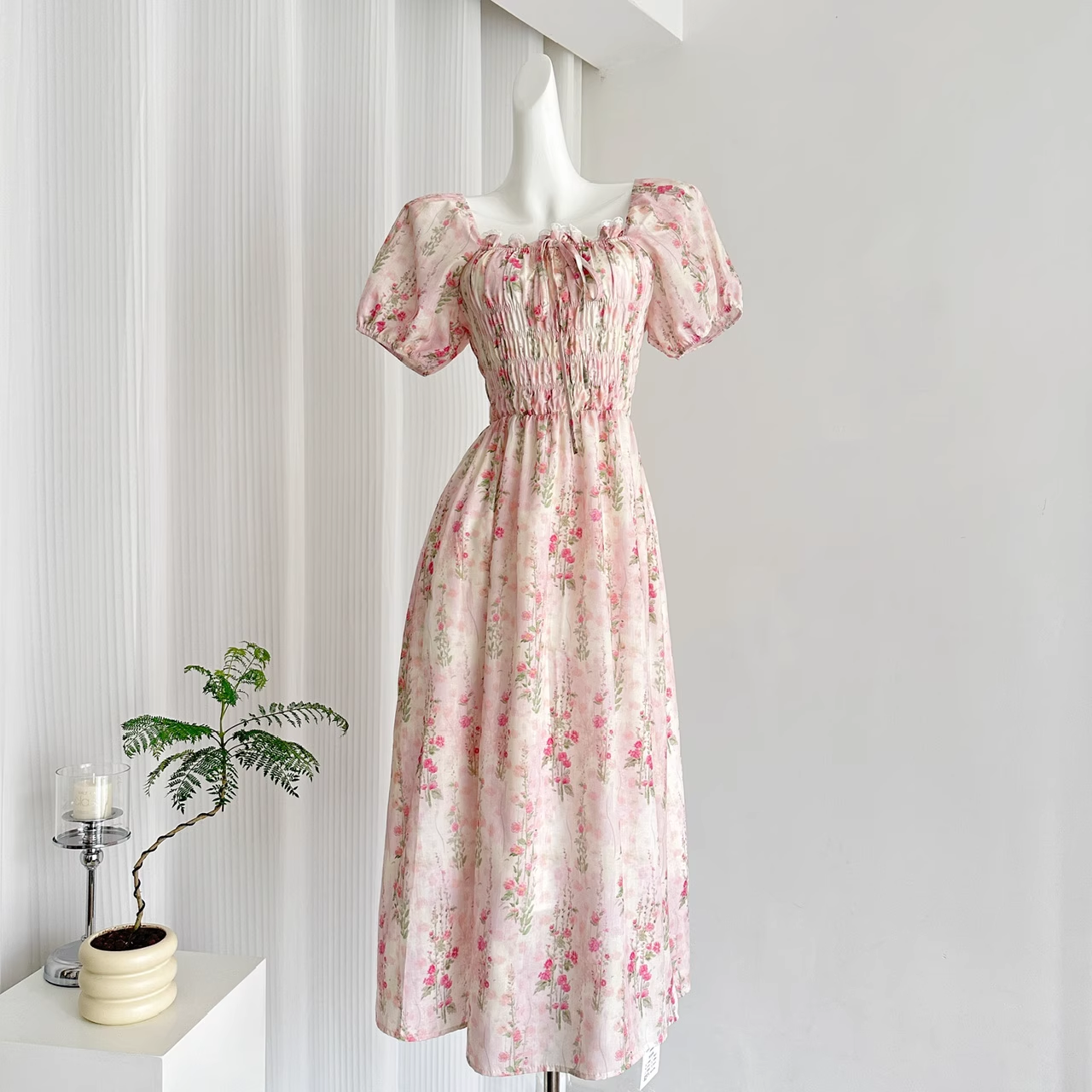 Cute A line Strapless Short Sleeves Pink Floral Dress Long Holiday Dresses SD283