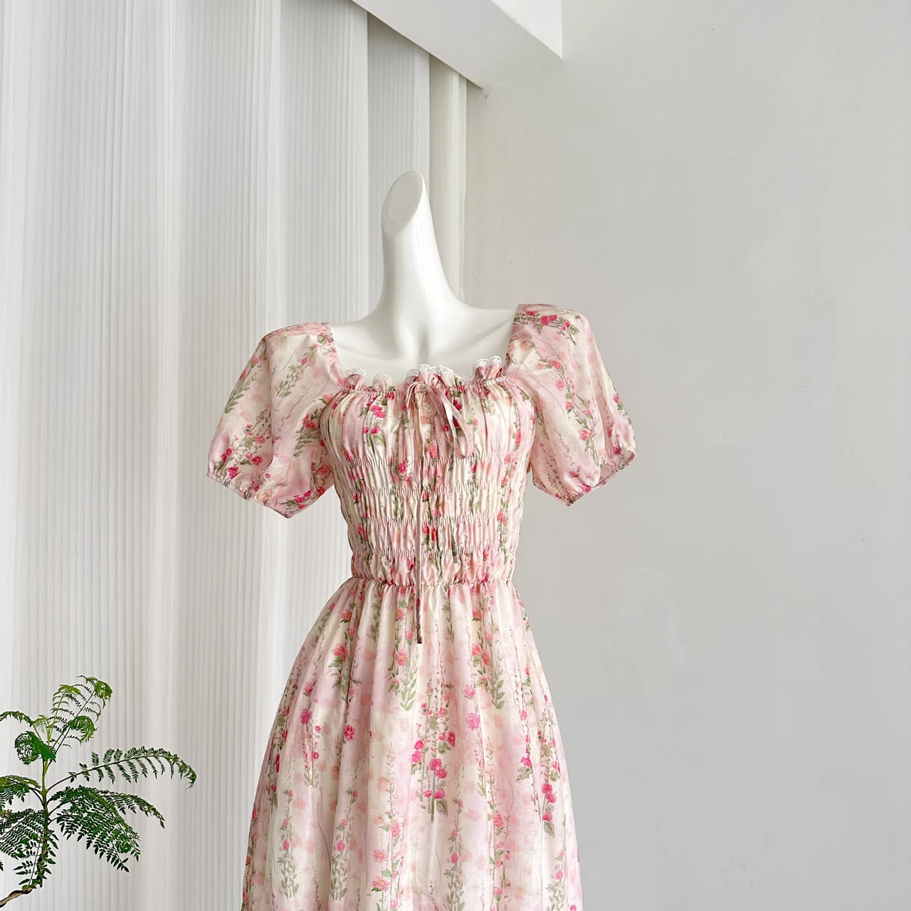 Cute A line Strapless Short Sleeves Pink Floral Dress Long Holiday Dresses SD283