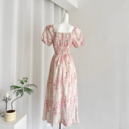 Cute A line Strapless Short Sleeves Pink Floral Dress Long Holiday Dresses SD283