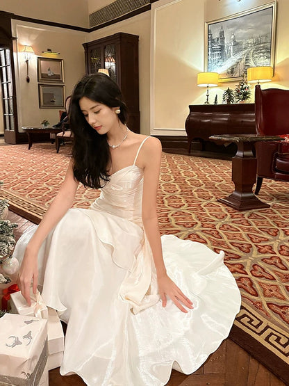 Retro Mermaid Spaghetti Straps Long Length White Evening Dress Prom Dresses SD2840
