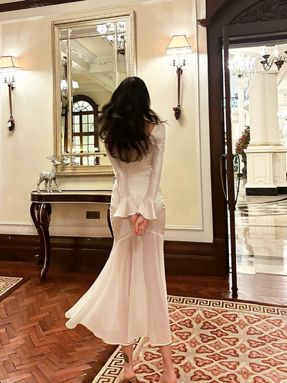 Pretty Mermaid Squere Neckline Satin Ankle Length Evening Dress Prom Dresses SD2841