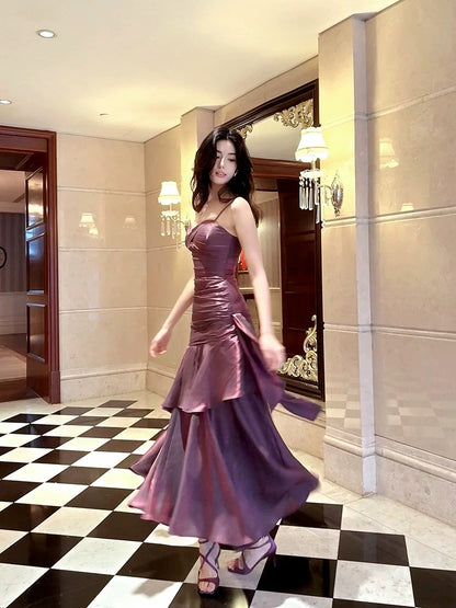 Retro Mermaid Spaghetti Straps Long Length Grape Evening Dress Prom Dresses SD2848