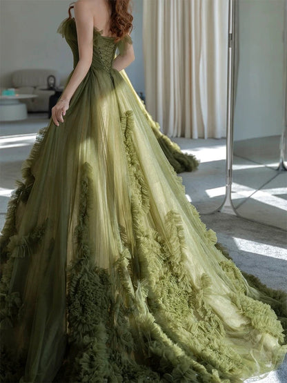Sexy Ball Gown Strapless Neckline Green Ruffles Evening Dress Prom Dresses SD2855