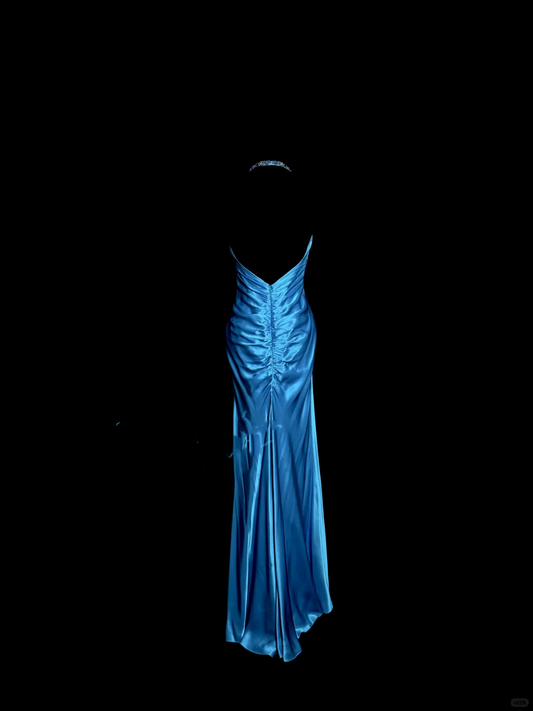 Vintage Mermaid Halter Neck Royal Blue Satin Backless Prom Gown Fairy Prom Dresses SD2907