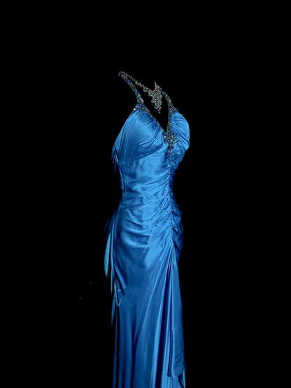 Vintage Mermaid Halter Neck Royal Blue Satin Backless Prom Gown Fairy Prom Dresses SD2907
