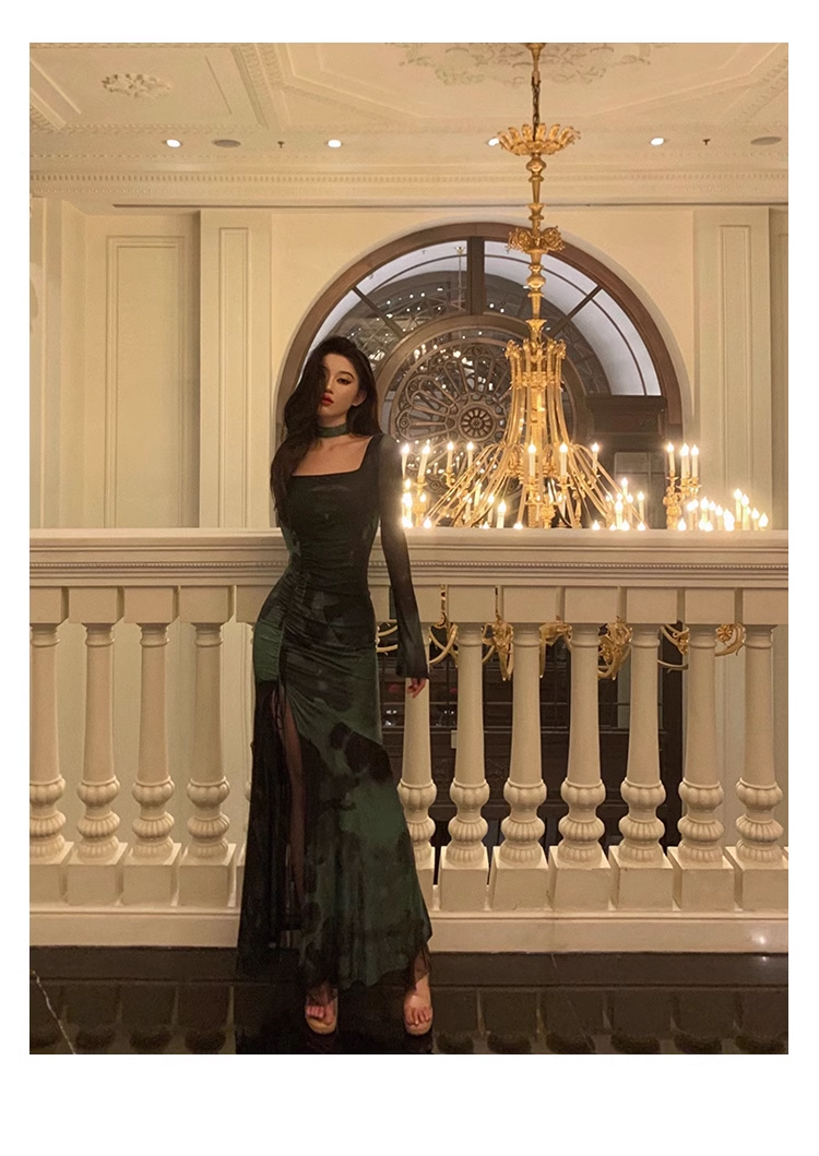 Chic Sheath Square Neckline Long Sleeves Green Long Prom Dresses Birthday Dress SD290