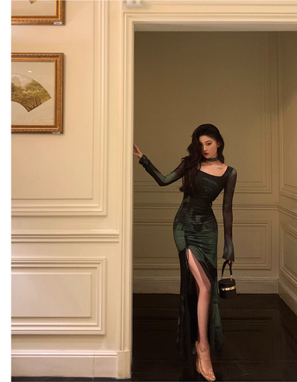 Chic Sheath Square Neckline Long Sleeves Green Long Prom Dresses Birthday Dress SD290