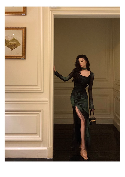 Chic Sheath Square Neckline Long Sleeves Green Long Prom Dresses Birthday Dress SD290