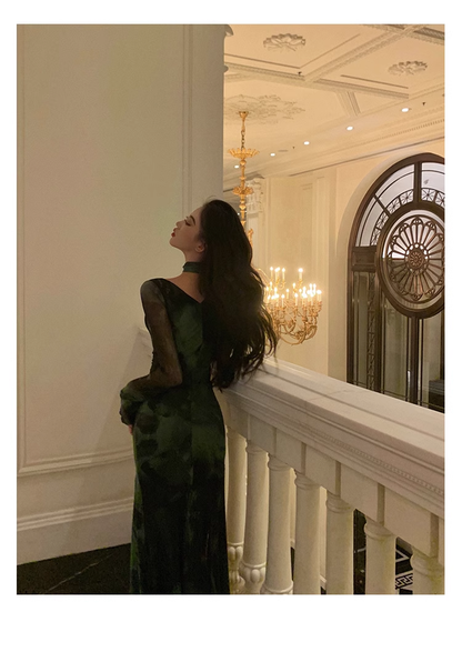 Chic Sheath Square Neckline Long Sleeves Green Long Prom Dresses Birthday Dress SD290