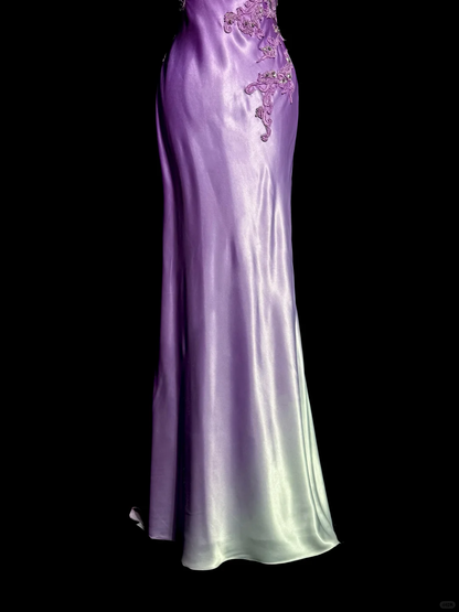 Aesthetic A line Halter Neckline Lilac Satin Prom Dress Ruffle Long Party Dress SD2910