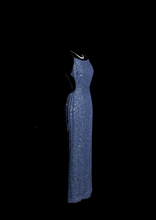 Vintage Mermaid Boat Neck Blue Sequin Backless Prom Gown Fairy Prom Dresses SD2911