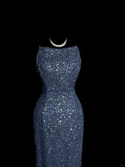 Vintage Mermaid Boat Neck Blue Sequin Backless Prom Gown Fairy Prom Dresses SD2911