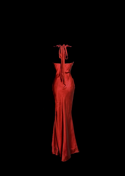 Aesthetic Mermaid Halter Neckline Red Satin Prom Dress Ruffle Long Party Dress SD2912