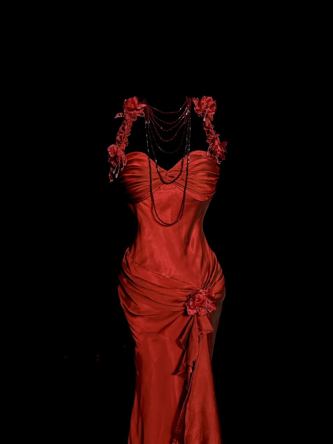 Aesthetic Mermaid Halter Neckline Red Satin Prom Dress Ruffle Long Party Dress SD2912