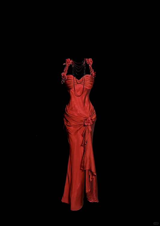 Aesthetic Mermaid Halter Neckline Red Satin Prom Dress Ruffle Long Party Dress SD2912