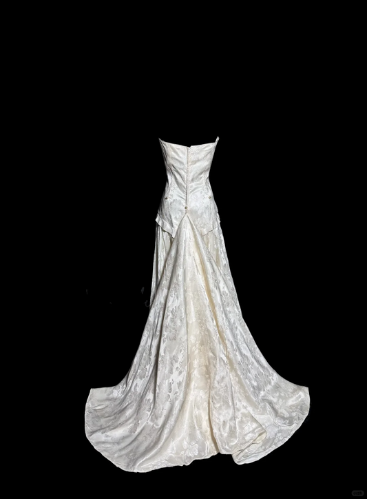 Vintage A line Strapless White Lace Prom Gown Fairy Prom Dresses SD2922