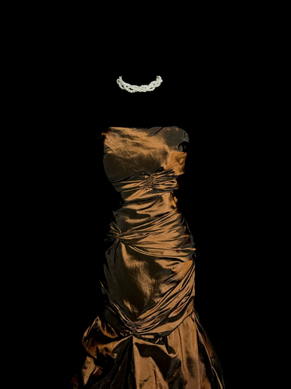 Aesthetic Mermaid Strapless Neckline Brown Taffeta Prom Dress Ruffle Long Party Dress SD2925