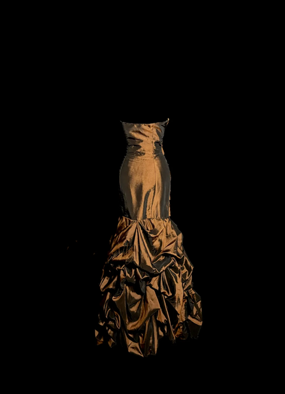 Aesthetic Mermaid Strapless Neckline Brown Taffeta Prom Dress Ruffle Long Party Dress SD2925