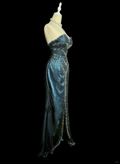 Vintage Mermaid Sweetheart Sleeveless Long Blue Slit Prom Gown Fairy Prom Dresses SD2936