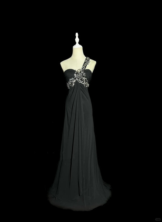 Modest A line One Shoulder Gray Chiffon Long Prom Dress Party Dress SD2940