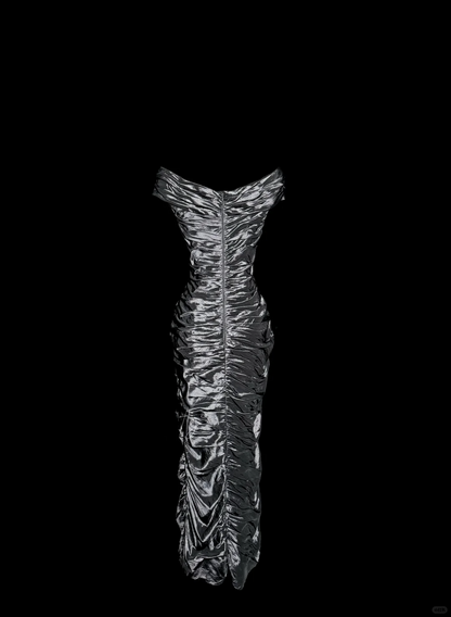 Vintage Sheath Off The Shoulder Silver Gray Sleeveless Long Prom Gown Fairy Prom Dresses SD2943