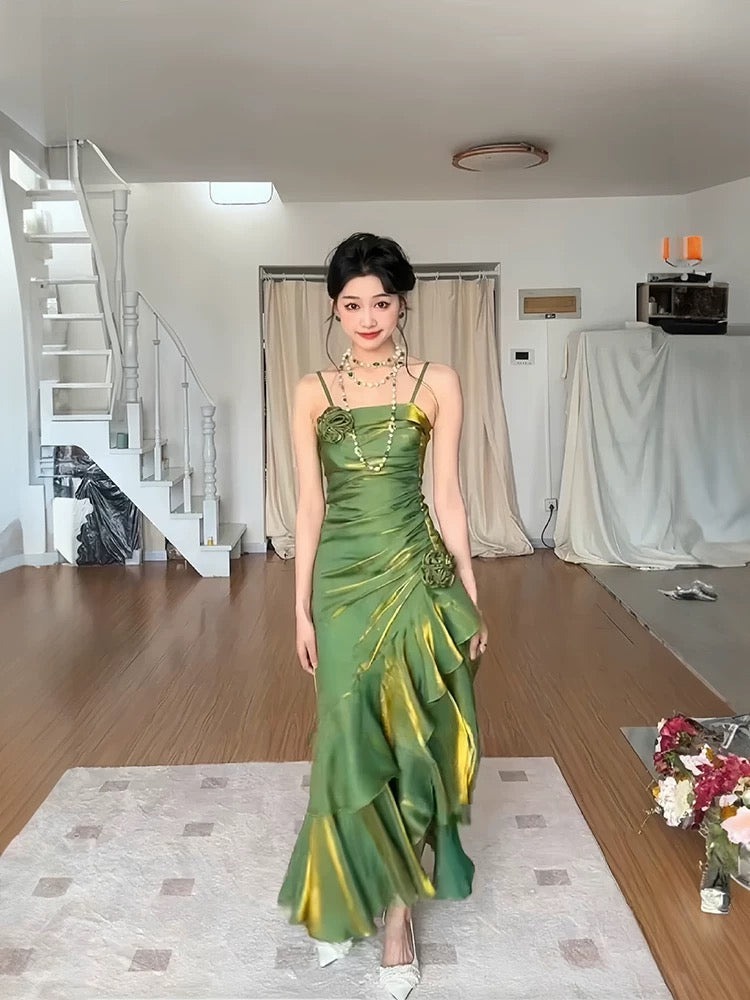 Vintage Mermaid Spaghetti Straps Long Party Dresses Birthday Outfits SD2950