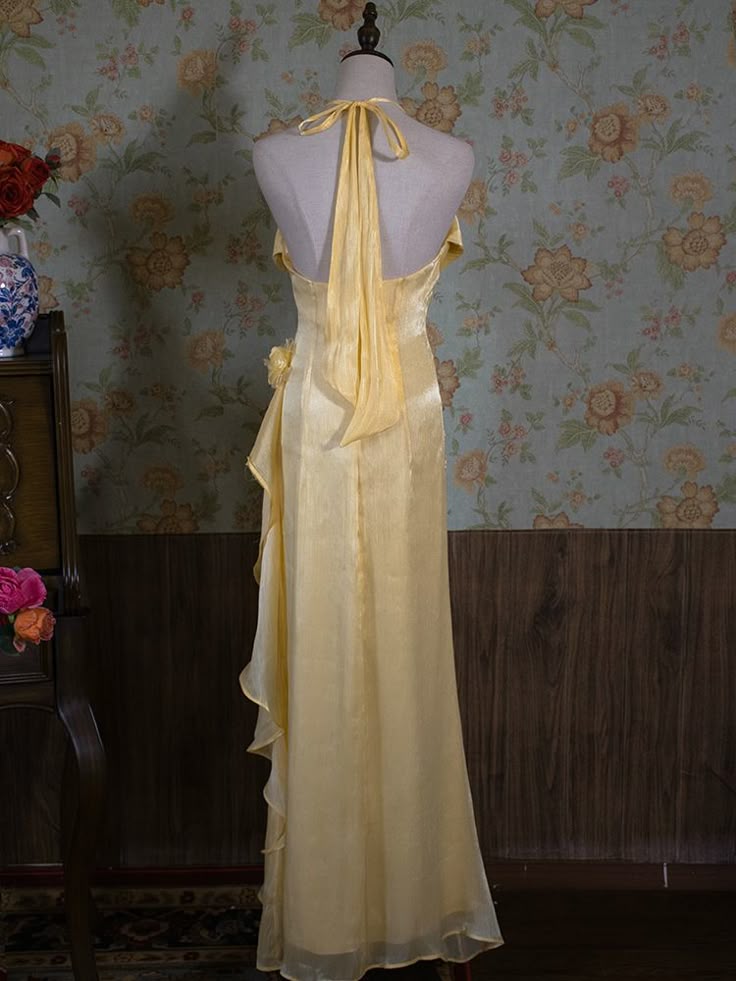 Vintage Yellow Halter Neck Floral Prom Gown Fairy Princess Prom Dress SD2955