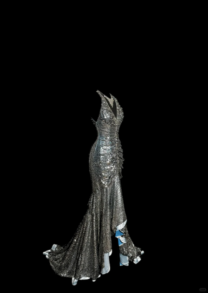 Vintage Mermaid V Neckline Gray Sequin Long Prom Gown Fairy Prom Dresses SD2958