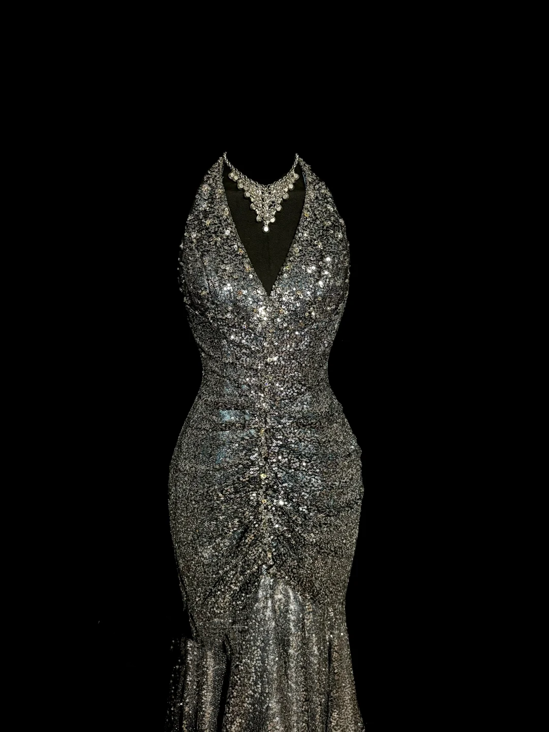 Vintage Mermaid V Neckline Gray Sequin Long Prom Gown Fairy Prom Dresses SD2958