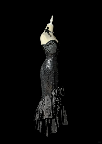 Vintage Mermaid Sweetheart Black Sequin Long Prom Gown Fairy Prom Dresses SD2961