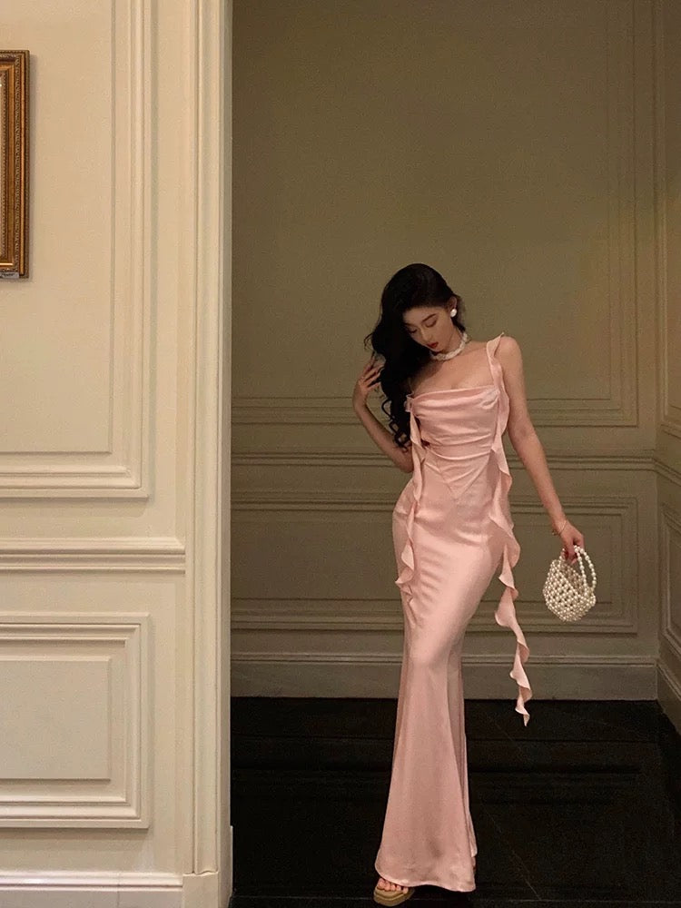 backless pink dresses Formal Halter 3D Flower Ruched Slit Party Maxi Make a statement at your next event with this exclusive piece Backless dress Pink For Women