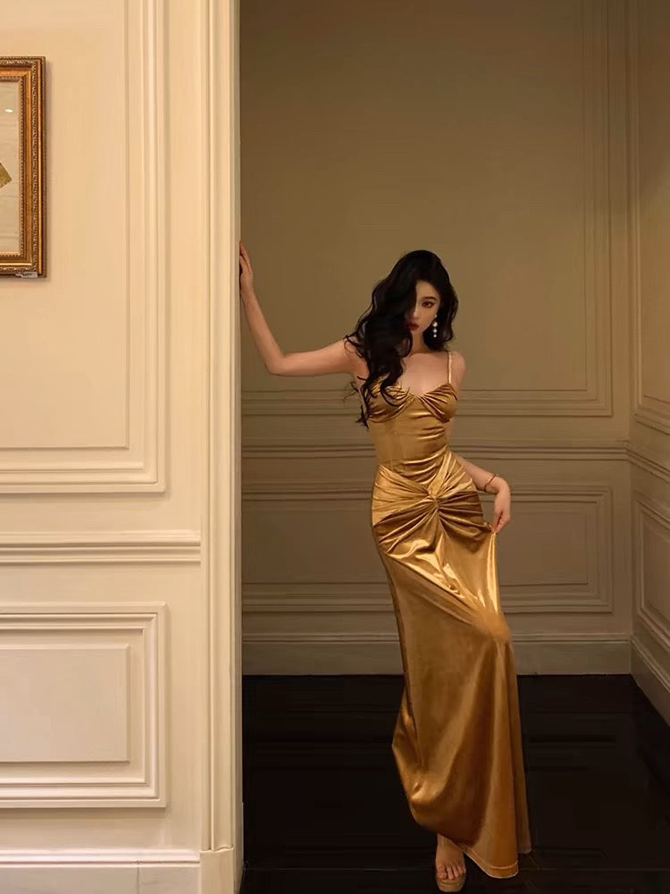 Sexy Mermaid Spaghetti Straps Gold Velvet Long Prom Dresses Birthday Outfits SD302