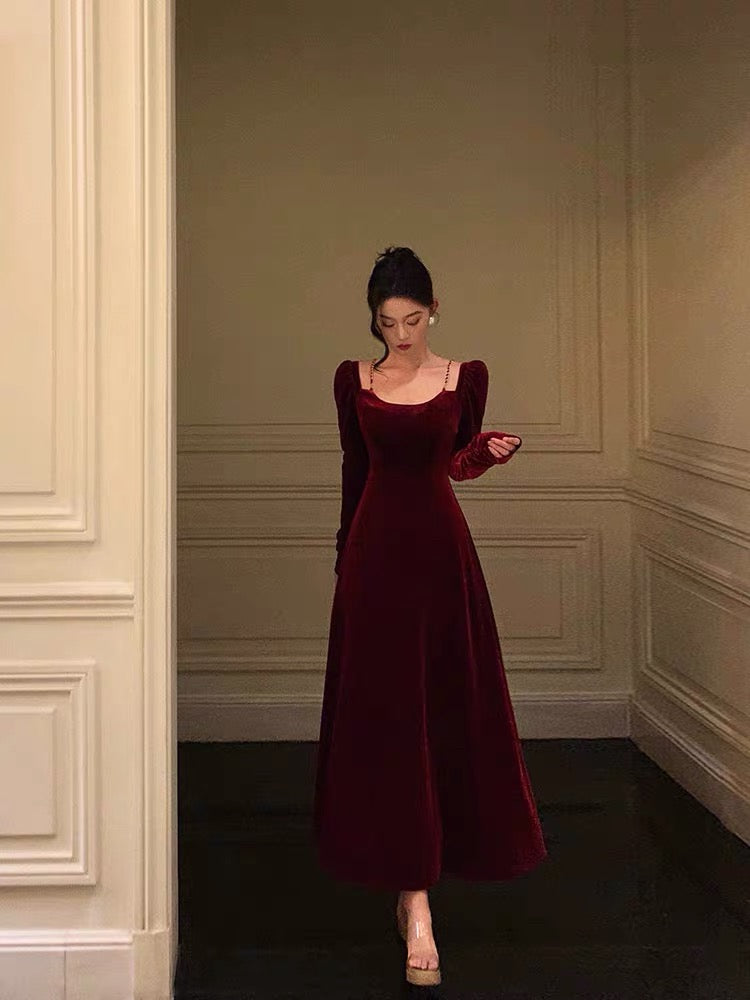 Sexy A Line Straps Burgundy Velvet Long Sleeves Prom Dresses Birthday Outfits SD304