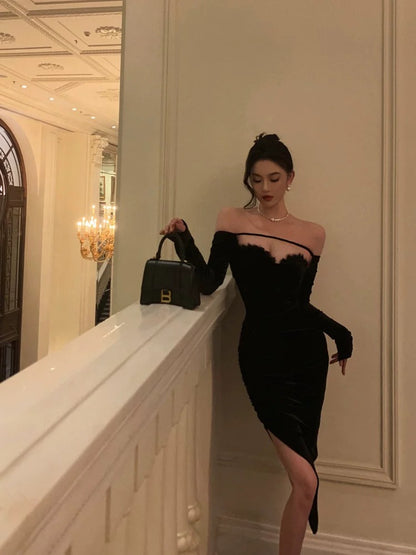 Sexy Sheath Off The Shoulder Black Velvet Slit Mid Length Prom Dresses Birthday Outfits SD312