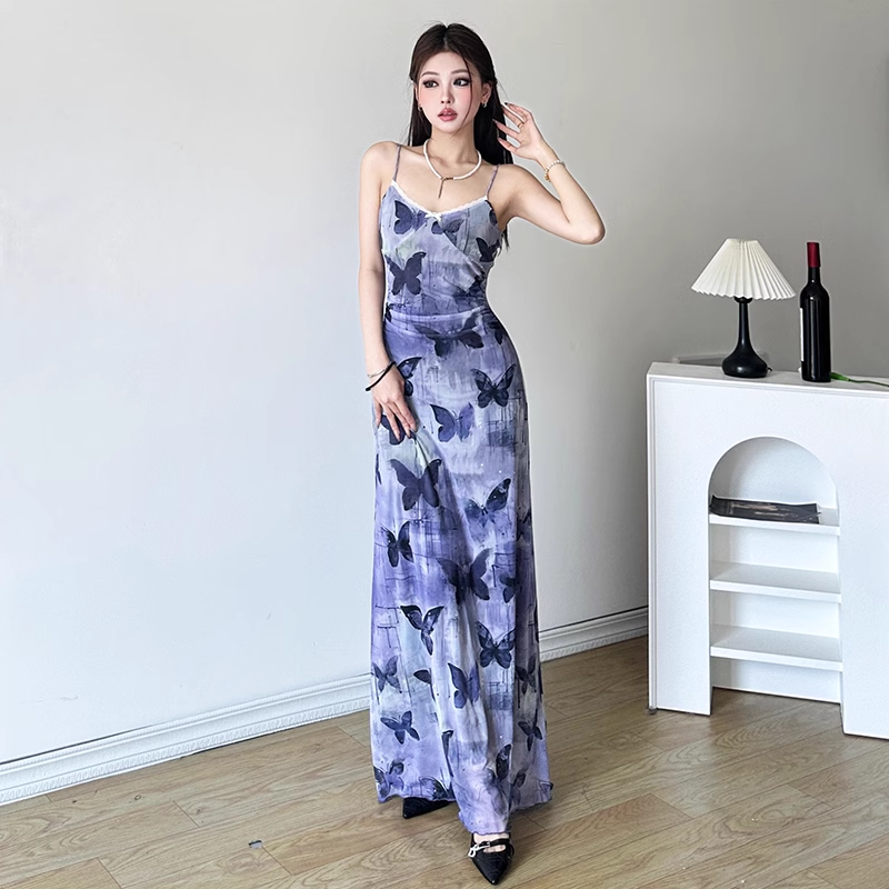 Sexy Sheath Spaghetti Straps Purple Butterfly Print Lace Casual Dress Beach Holiday Dresses SD314