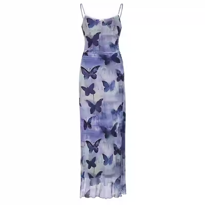 Sexy Sheath Spaghetti Straps Purple Butterfly Print Lace Casual Dress Beach Holiday Dresses SD314