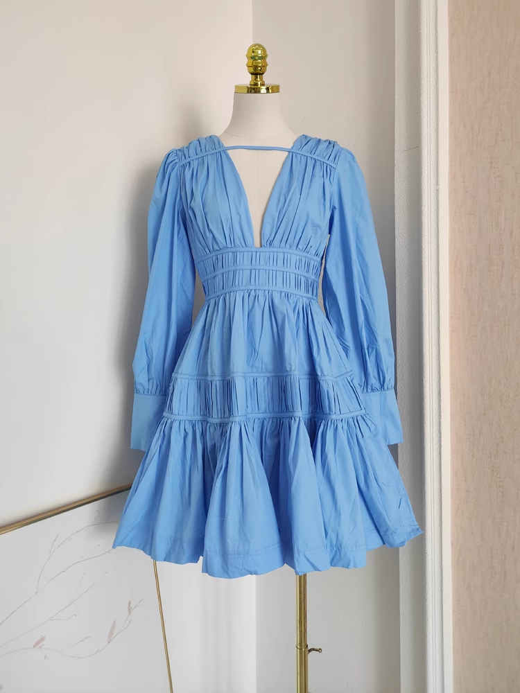 Cute A line V Neckline Long Sleeves Spring Blue Casual Dress Beach Holiday Dresses SD323