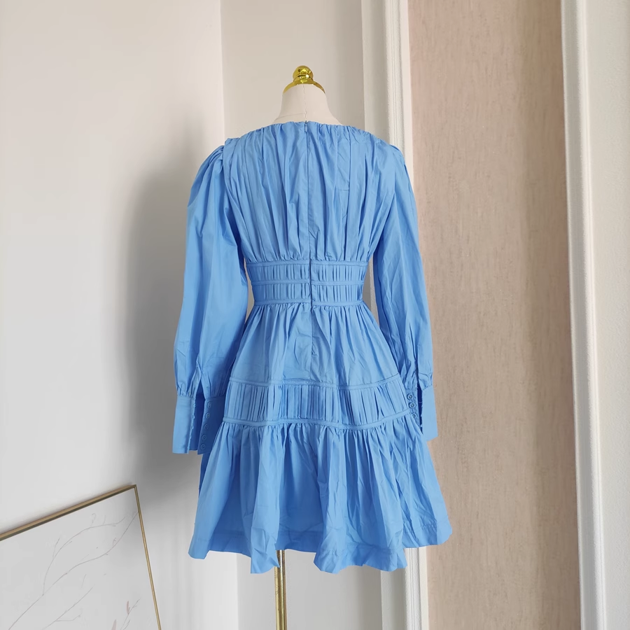 Cute A line V Neckline Long Sleeves Spring Blue Casual Dress Beach Holiday Dresses SD323