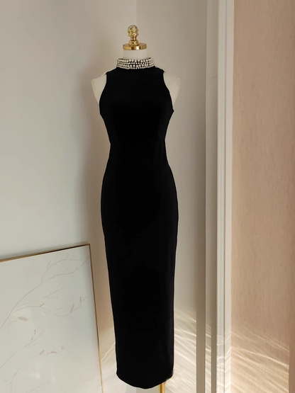 Sexy Sheath High Neckline Black Travel Vacation Dresses Velvet Birthday Dress SD326