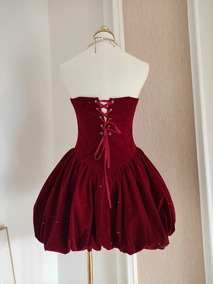 Sexy A Line Strapless Burgundy Velvet Ruffles Vacation Dresses Short Birthday Outfits SD336